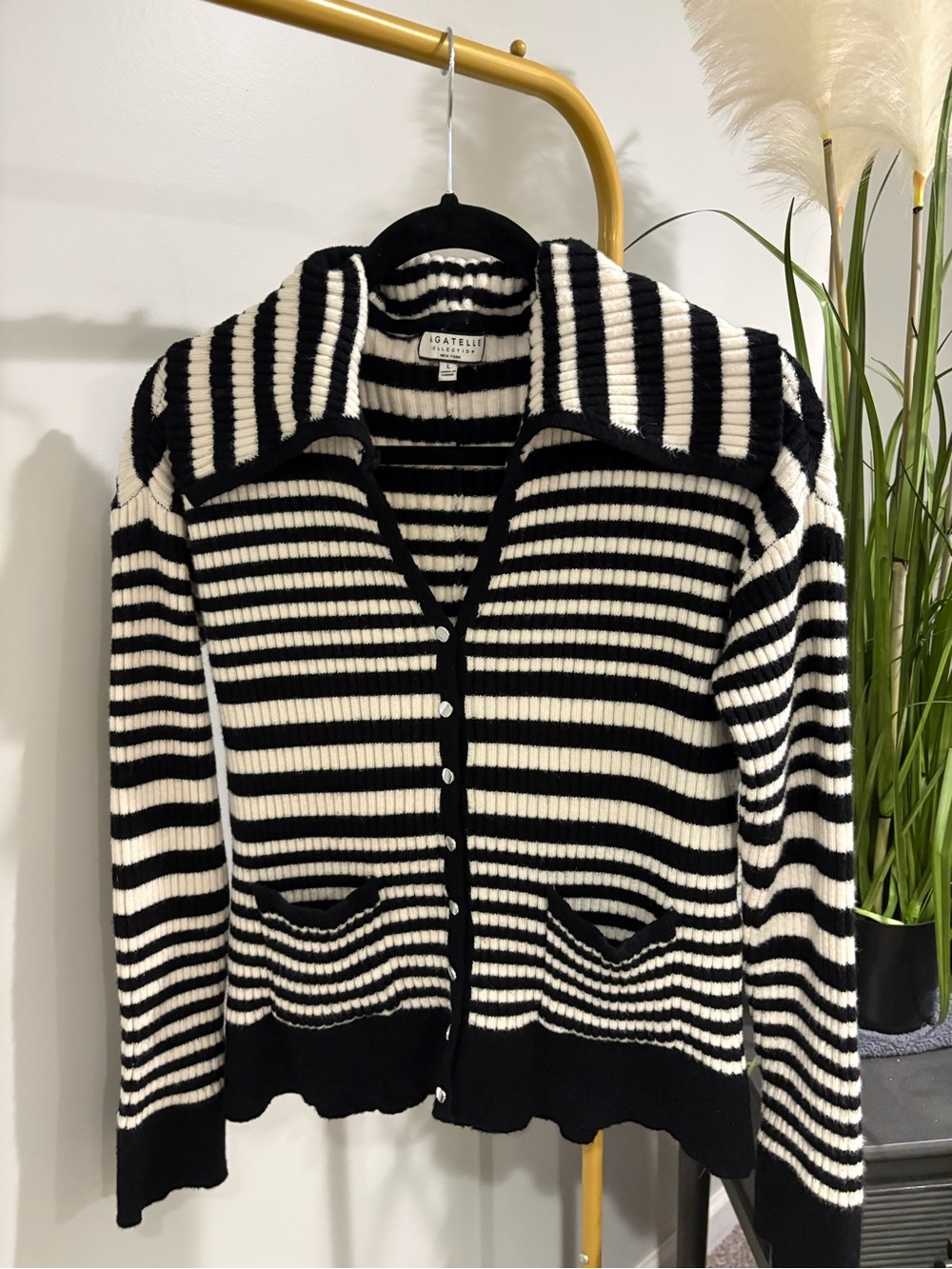 Bagatelle Black and White Striped Ribbed Button-Front Cardigan